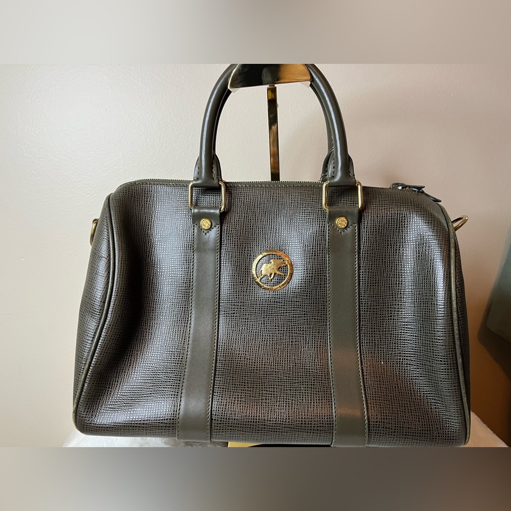 Moss Green Hunting World Textured Leather Satchel Bag with Gold Accent